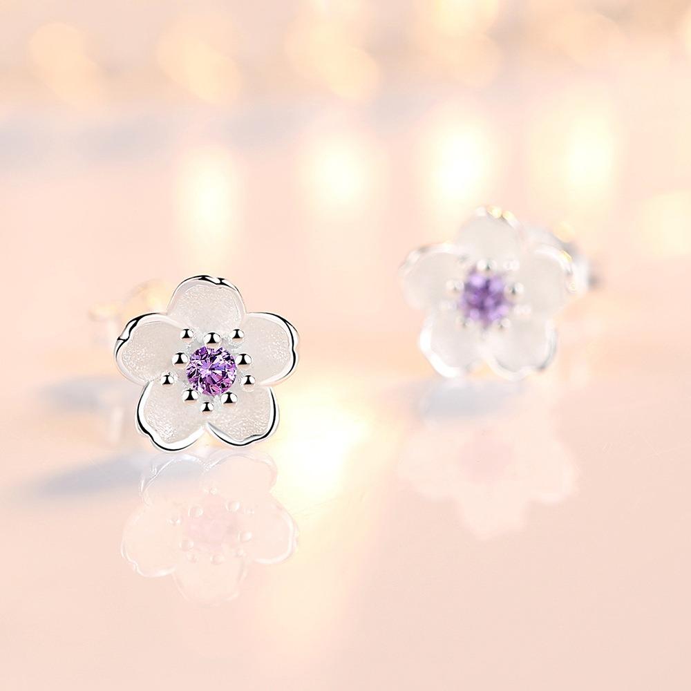 Exquisite Romantic Pink Purple Zircon Five-petaled Flower Piercing Stud Earrings for Women Fashion Cute Daily Jewelry Accessory