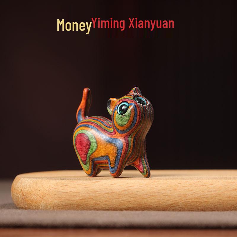 Rainbow Red & Purple Tilted Head Cat with Eucalyptus Wood Carving - Adorable Desktop Ornament