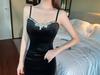 Gold Velvet Rhinestone Evening Gown for Women with Waist-Cinching Slim Fit and Split Strap Design