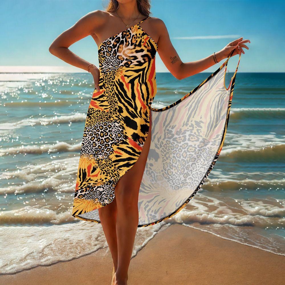Sleeveless Shiny Beach Sundress Leopard Print Cover Up Skirts Elegant Women Wrap Up Dress  Party