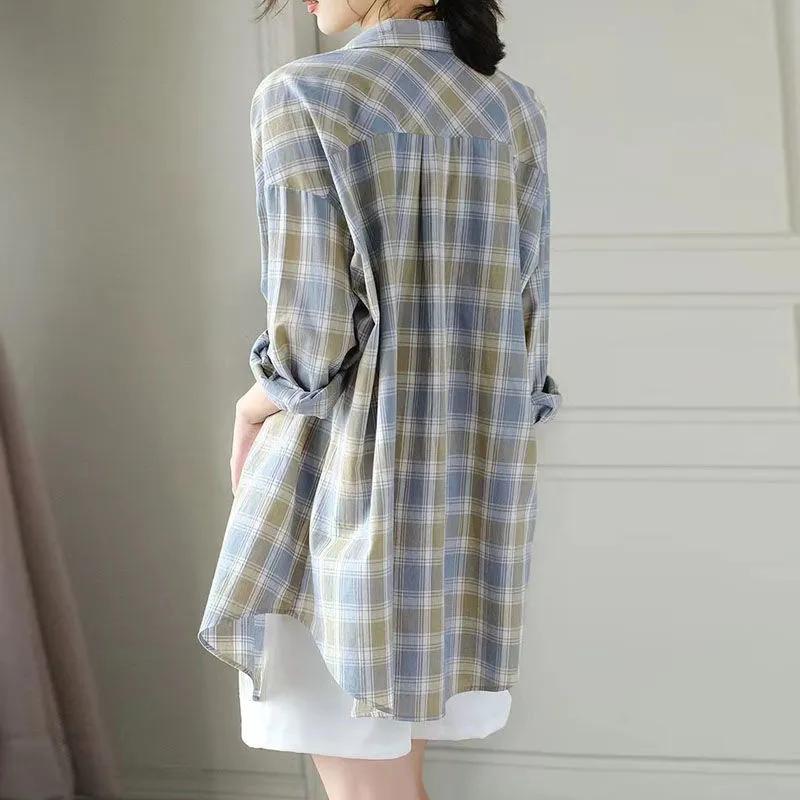 Cotton Plaid Shirt Women's Spring and Autumn Thin Sunscreen Clothing Women's Long-sleeved Cardigan Mid-length Top