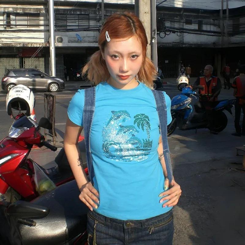 

Японская футболка со стразами Y2k, винтажные футболки с ромбовидным принтом Харадзюку, дрянная синяя футболка с эстетикой 2000-х годов, гранж S синий