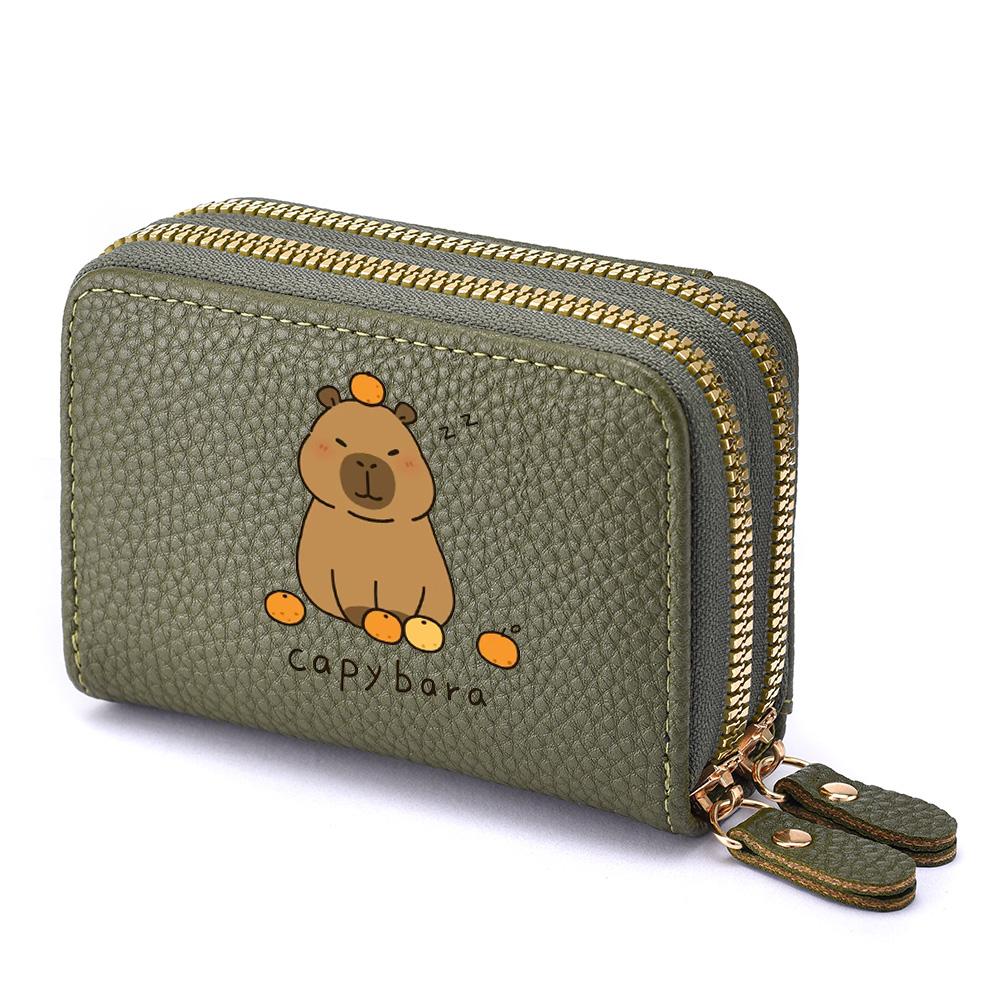 PU Leather Double Zipper With Photo Window Credit Card Holder Women, Cute Cartoon Print Ladies Perfect Birthday Gift