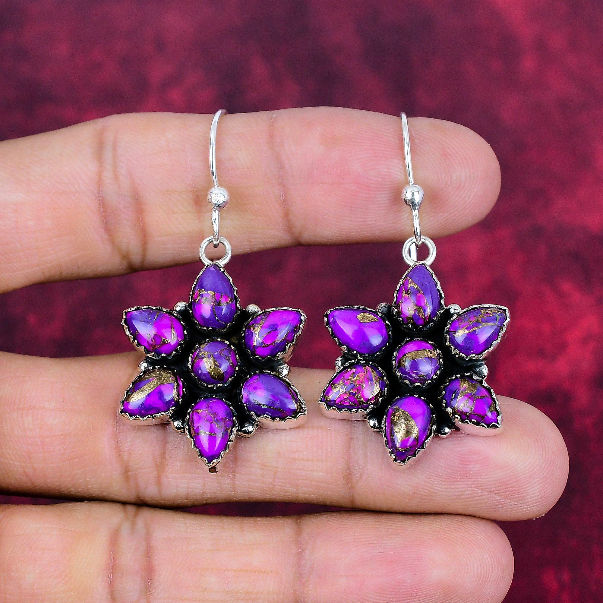 

Серьги из фиолетовой меди и бирюзы, ювелирные изделия из цельного серебра 925 пробы, серьги с драгоценными камнями, подарок для нее, изящные ювелирные изделия ручной работы 1.96 Inches