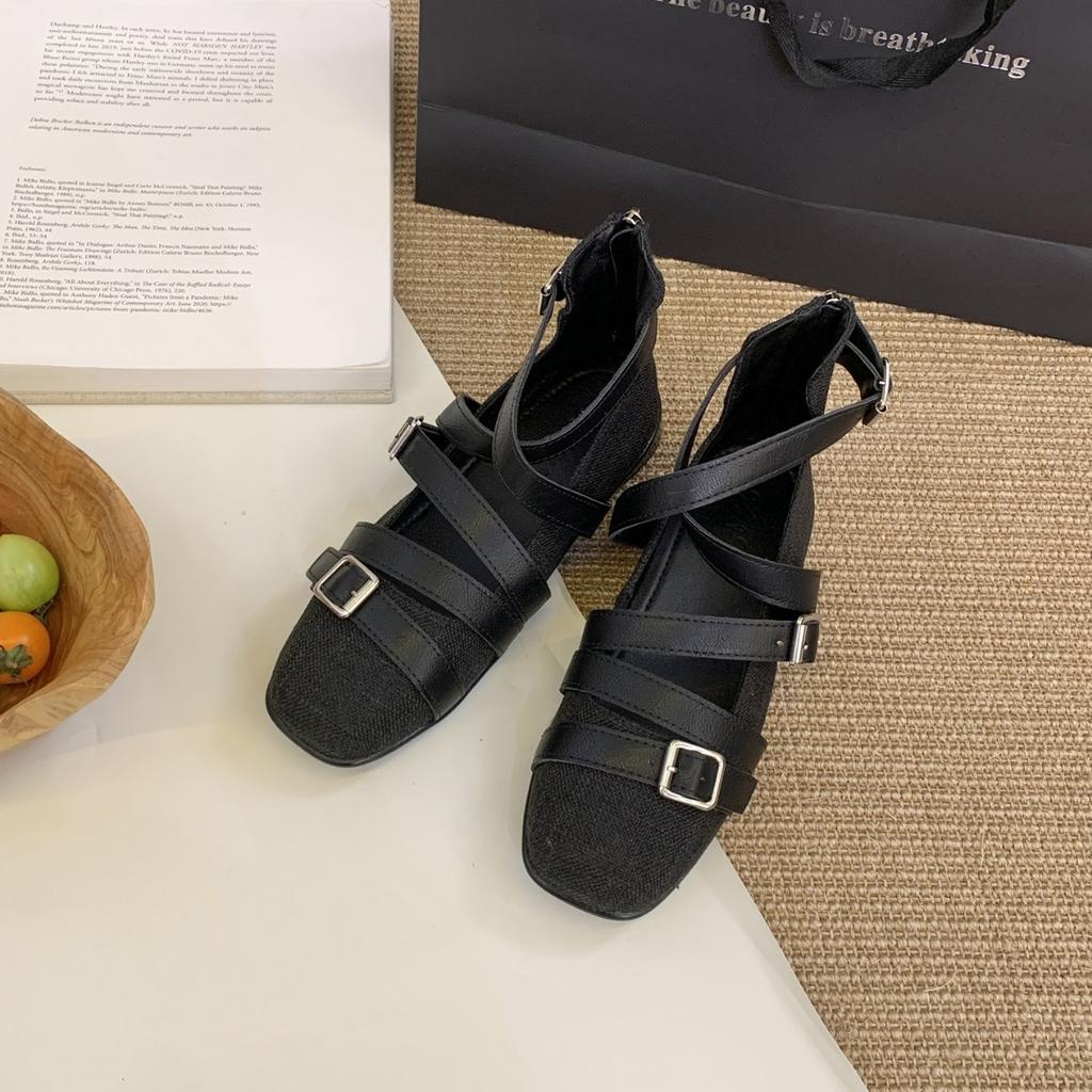 2025 new square head belt buckle shallow mouth soft sole college style versatile fashion women's single shoes