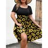 Women's Fashionable And Trendy Round Neck Short Sleeved Waist Print Dress In Plus Size