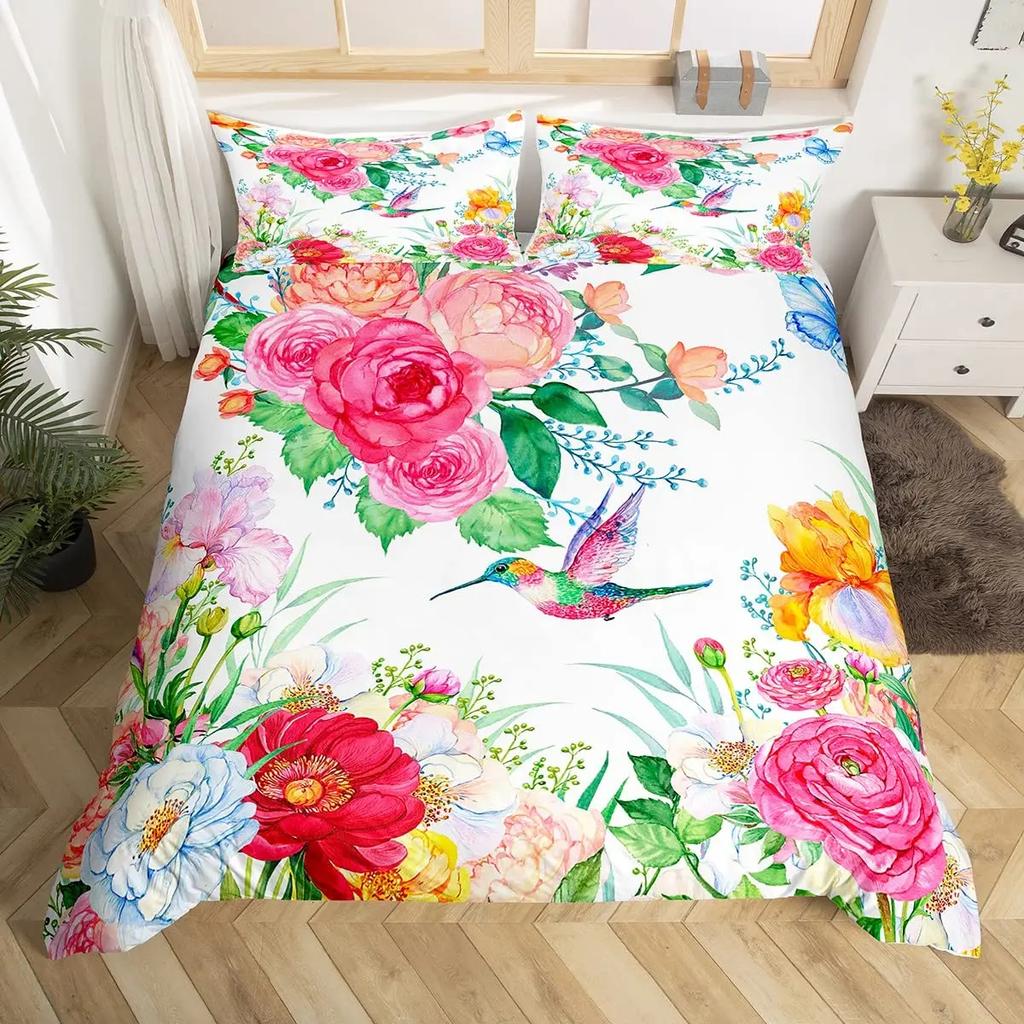 Cute Birds Duvet Cover King Size Pink Peach Flower Bedding Set Polyester Bird Butterfly Wild Animal Comforter Cover For Boy Girl