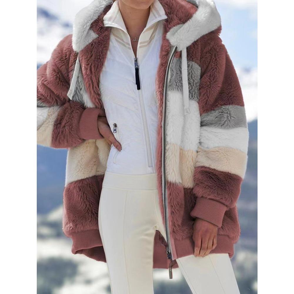 Damen Mehrfarbiger Flauschiger Kapuzenmantel, Lockere Warme Plüschjacke für Herbst Winter