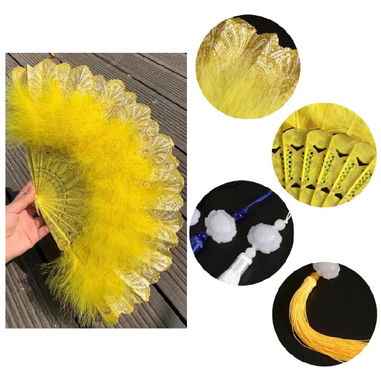 Chinese Feather Folding Fan with Pendant Wedding Dance Fan Cosplay Props Decor