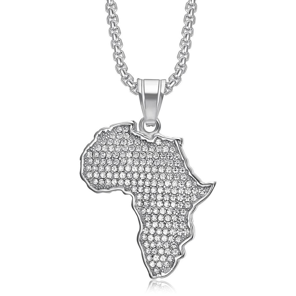 Zirconium-inlaid African Map Pendant Necklace Men's Hip-hop Stainless Steel Jewelry