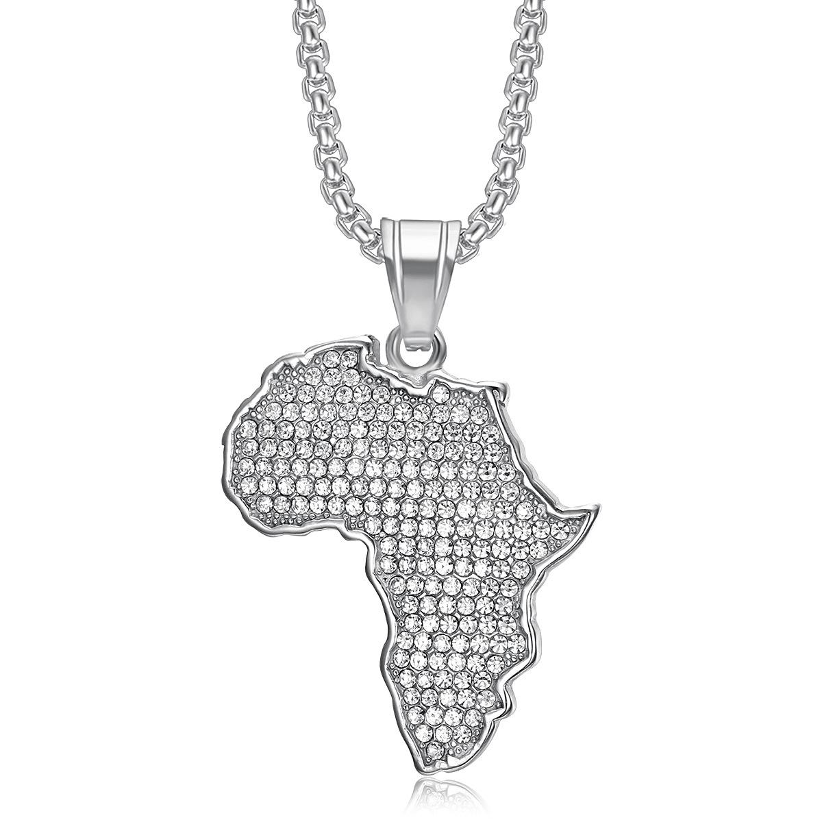 

Zirconium-inlaid African Map Pendant Necklace Men s Hip-hop Stainless Steel Jewelry 65cm срібний