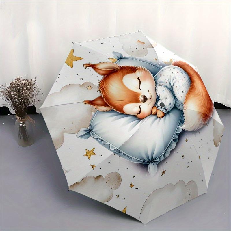 Sleepy Squirrel, Starry Night Automatic Folding Umbrella Simple Eight Rib Design, Bright Color Pattern, Durable Iron Frame, Ideal for Trave