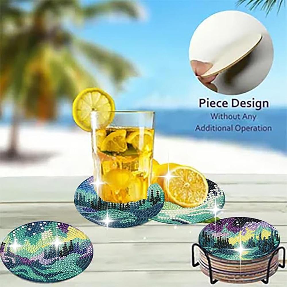 8 Stück/Set Diamantbemalte Untersetzer mit Aurora-Muster, DIY-Untersetzer mit Halter, Geeignet für Anfänger und Erwachsene, Kunst- und Bastelbedarf Geschenke