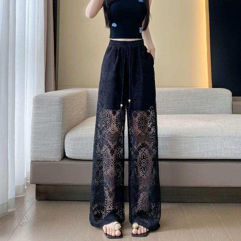 Plus Size Women s Lace Wide-Leg Summer Pants - 2026 Hollow Out, Straight Leg, Casual Drape Style M (Recommended 40-50 kg)