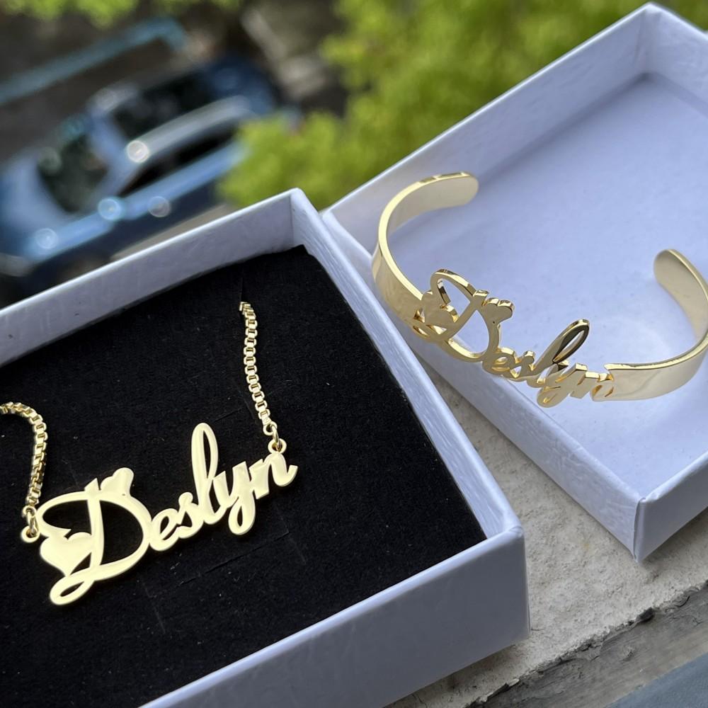 QIUHAN OEM Personalized Nameplate Jewelry Set for Kids Custom Name Necklace with Letter Bracelet necklace 40cm&bracelet 12cm золотой