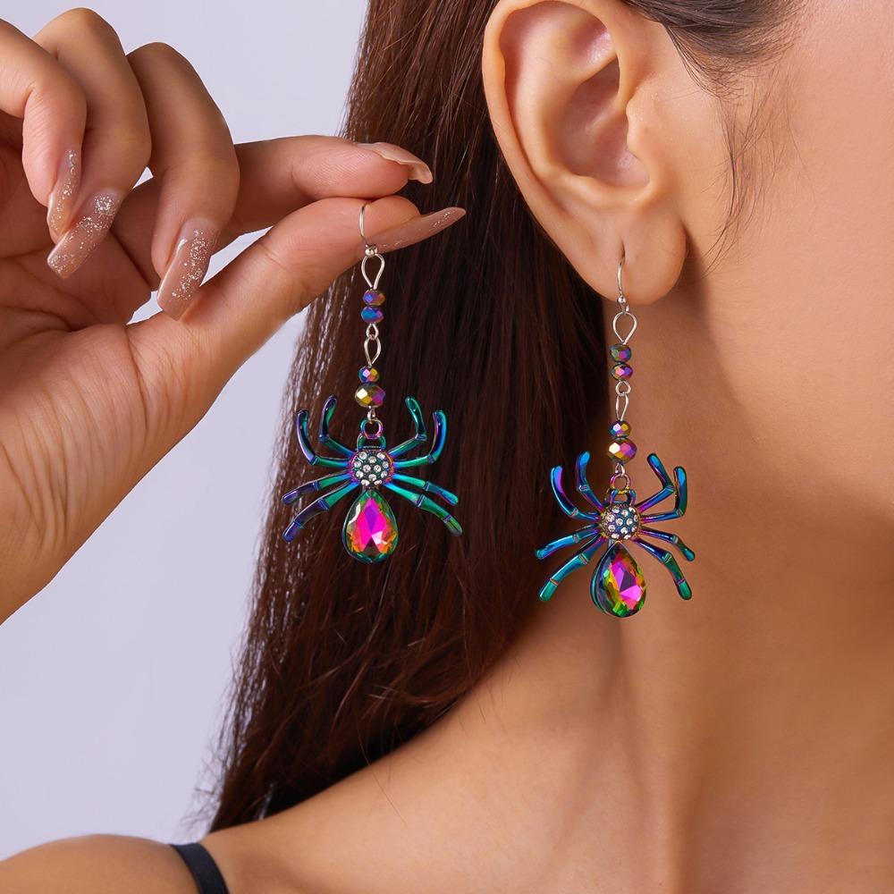 Halloween Colorful Rhinestone Spider Design Dangle Earrings Cute Vacation Style Zinc Alloy Zircon Female Gift