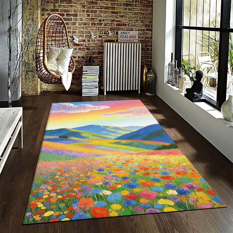 Colorful Floral Landscape Carpet with Mountains and Sunset Sky Suitable for Use As an Anti-slip for Living Room Bedroom Sofas