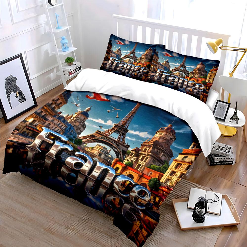 Eiffel Tower And French Streetscape Duvet Cover Set With 3D Printing Design Soft Polyester Bedding Set All-Season Comfort