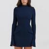 Elegant Dark Blue Solid High Waist Mini Dress Women Fashion Pocket Decora Long Sleeve Bodycon Dresses 2026 Chic Party Club Robes
