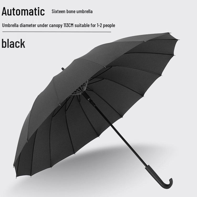 Windproof 16-Rib Large Solid Color Automatic Open Umbrella with Long Handle