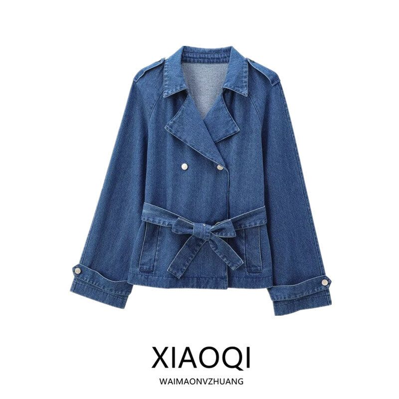 Fashion Wind 2024 New Fall Women's Clothing Stylish Easiest for Match Long Sleeves Work Clothing Belt Double Breasted Denim Outwear