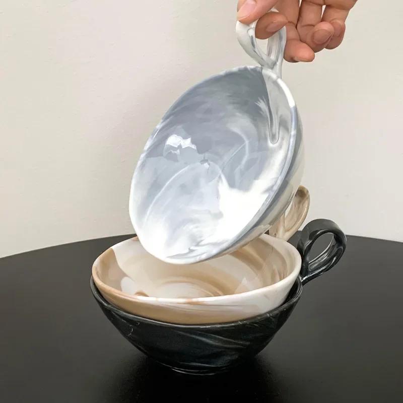 420ml Creative Retro Ceramic Bowl Simple Marbled Pattern Fruit Salad Bowls with Handle Microwaveable Home Dessert Yogurt Bowl