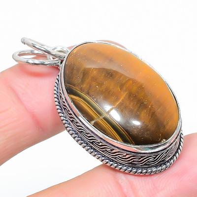 Natürlicher Tigerauge Edelstein Handgefertigter 925 Sterling Silber Anhänger 1,89" I4Z40