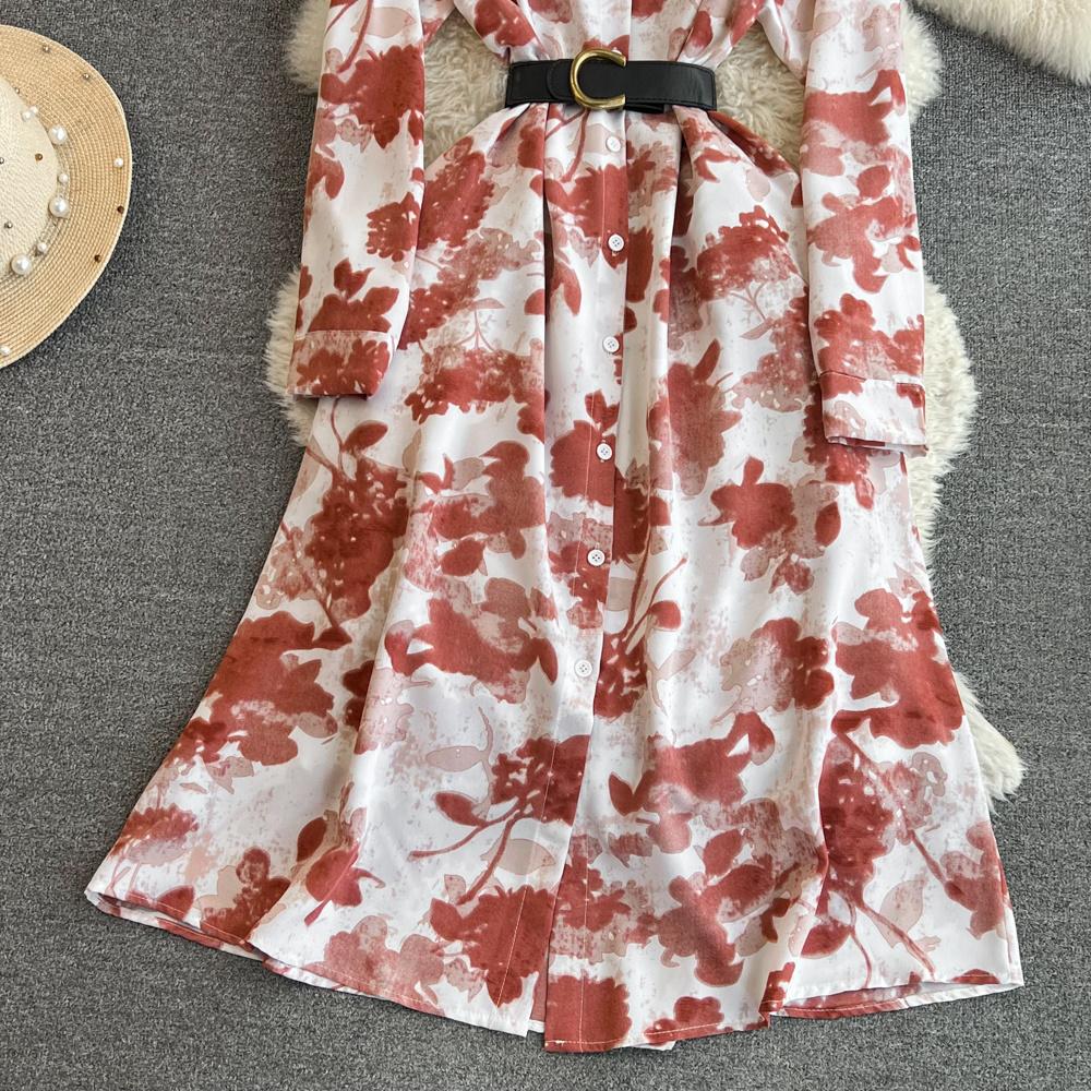 Nowa jesienna moda damska sukienka z kwiatowym nadrukiem skręcić w dół kołnierz z długim rękawem jednorzędowa linia w stylu vintage Midi sukienki imprezowe