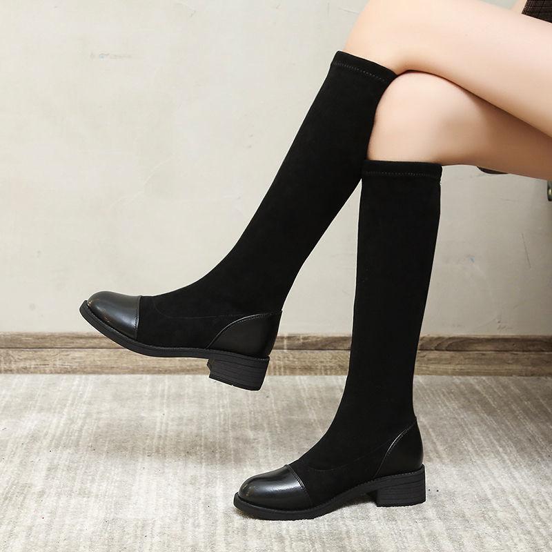 

Но колено маленькие сапоги женские 2025 новые тонкие толстый каблук сапоги эластичные тонкие сапоги средние сапоги 35 чёрный