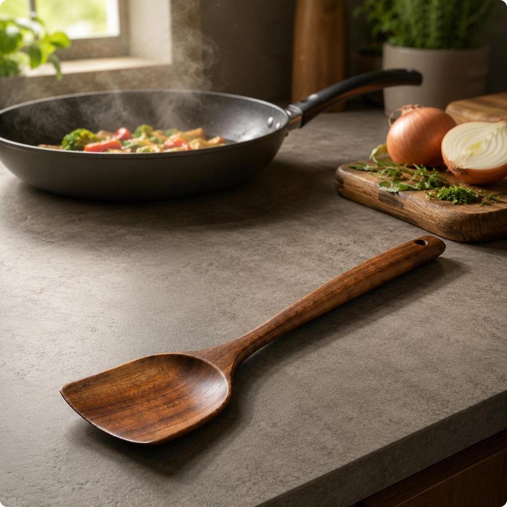 Teak Kitchen Utensil Smooth Finish Carved Wooden SinglePiece Cooking Spoon Set