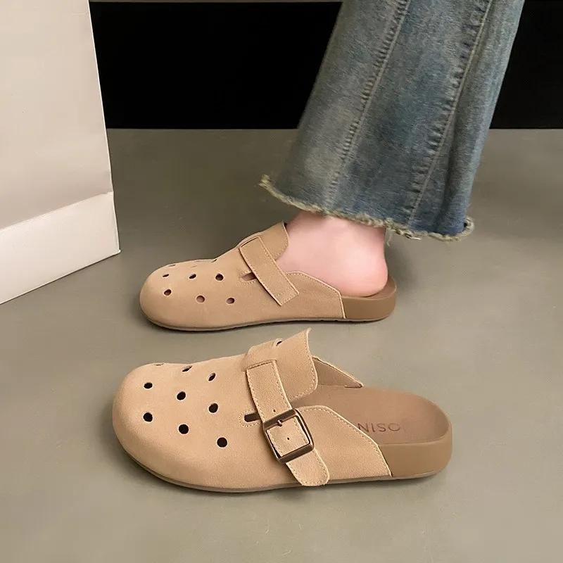 Fashion Ladies Shoes 2025 Closed Toe Women's Slippers Retro Casual Slippers Women Round Toe Buckle Hollow Flat with Plus Size Sandals
