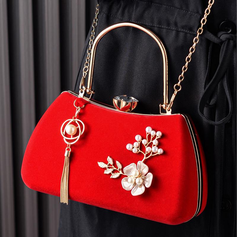 Vintage Red Handbag for Evening Woven Purse Wedding Party Fashion Flower Bag Cross Body Shoulder Purse Luxury Designer Pearl Bag