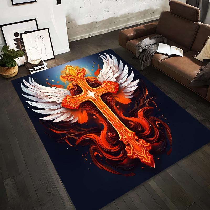 Fiery Cross with Wings Design Rug Non-slip Rug Suitable for Living Room and Bedroom Sofas.
