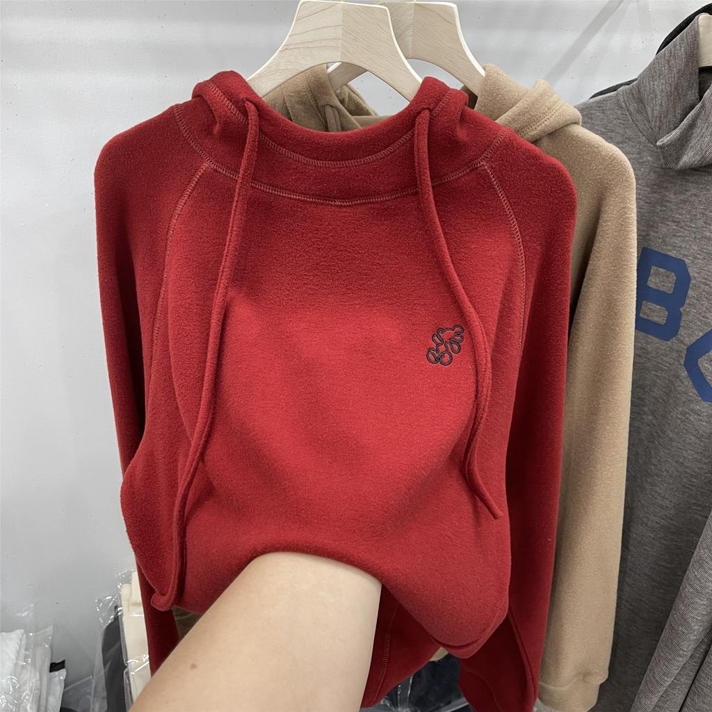 New Autumn-winter Long-sleeved Top with Double-layered Fleece and Hooded Inner Layer, Loose-fitting Embroidered Hoodie for Women