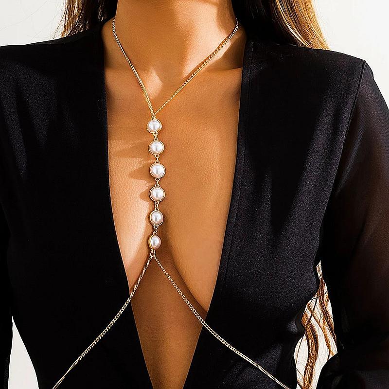 Bohemian Beach Bikini Cross Chest Body Chain Female, Personality Versatile Beaded Pearl Waist Chain