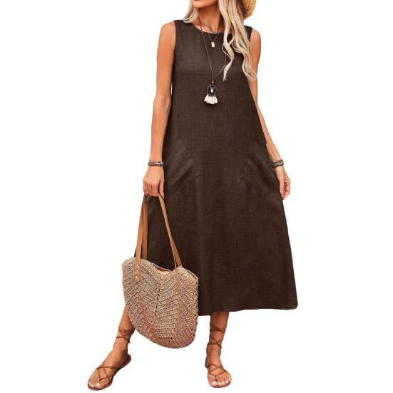 Women's Sleeveless Long Dress Casual Crew Neck Maxi Dress Summer Beach Vacation Shift Sundress