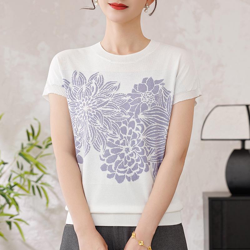 Summer Style Ice Silk Short-Sleeved T-Shirt & Knit Cardigan for Middle-Aged and Elderly Women