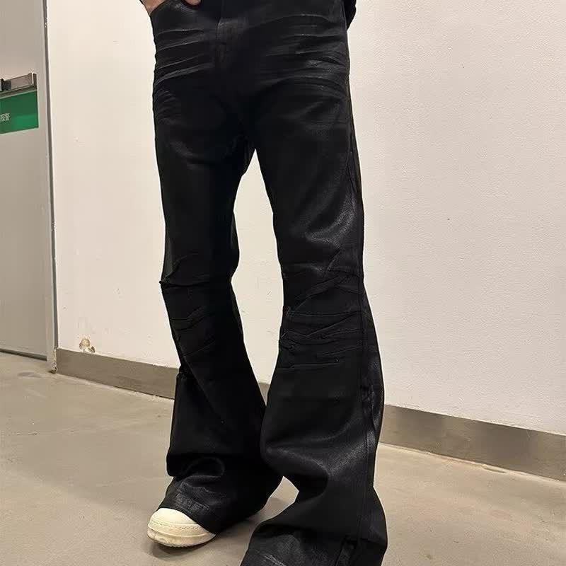 Pantaloni in denim lavato effetto invecchiato da uomo con cuciture gamba dritta vita media misto cotone casual streetwear