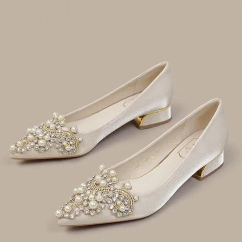 Block Heel Single Shoes Women's 2025 New Satin Pointed Toe Shallow Mouth Slip-on Non-Slip Low-Top Shoes