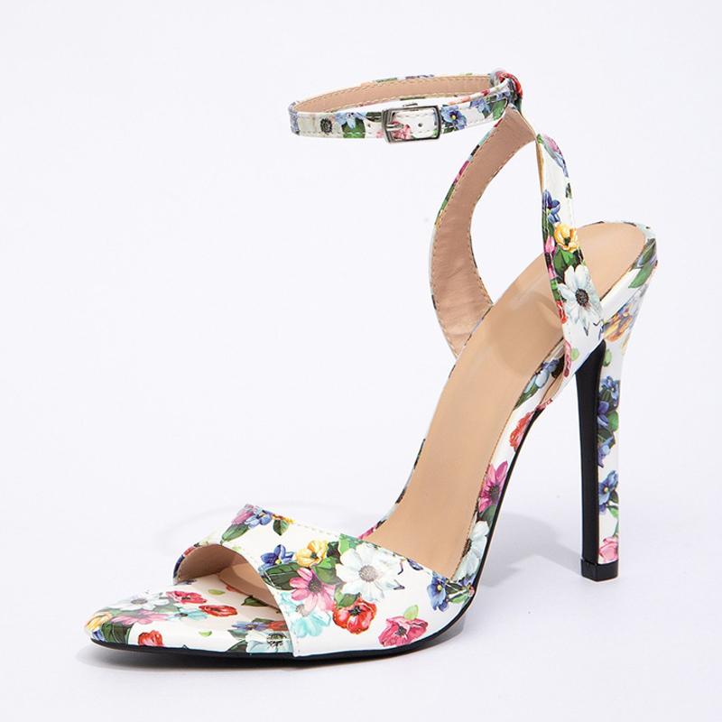 Designer Mixed Colors Flowers Print Leather Women Sandals Sexy Pointed Open Toe Club Stripper High Heels Party Dress Shoes