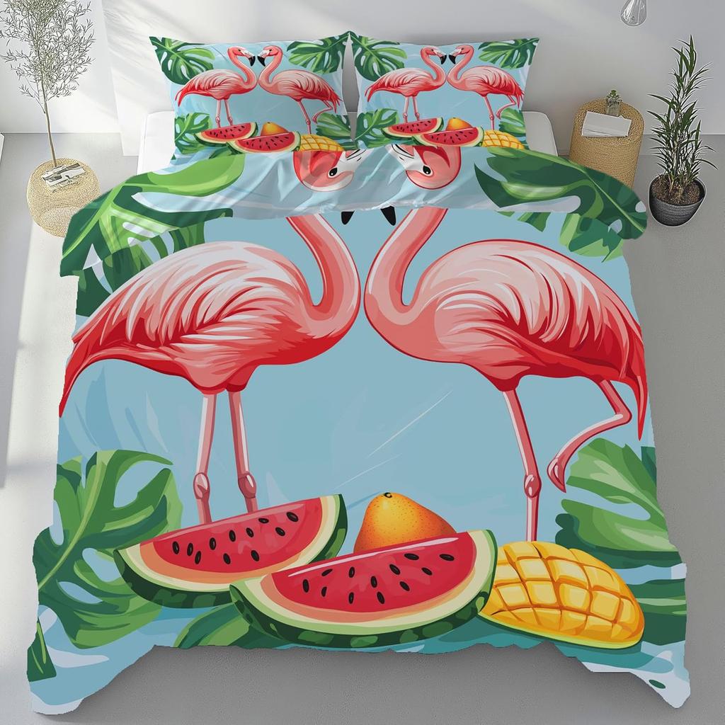 Flamingo Tropical Bedding Sets, Palm flower plant Duvet Cover Microfiber, Leaf Plant Duvet Covers With Zipper and Pillow Covers