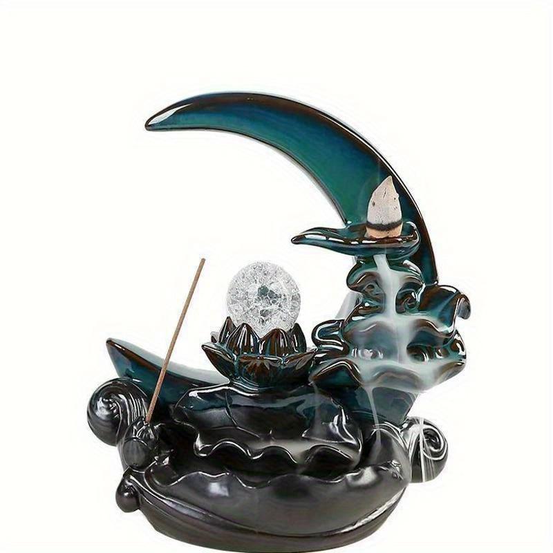 1pc Moonlight Over for Lotus Pond Ceramic Backflow Incense Burner – Elegant Crescent Moon & for Lotus Design,Handcrafted Decor