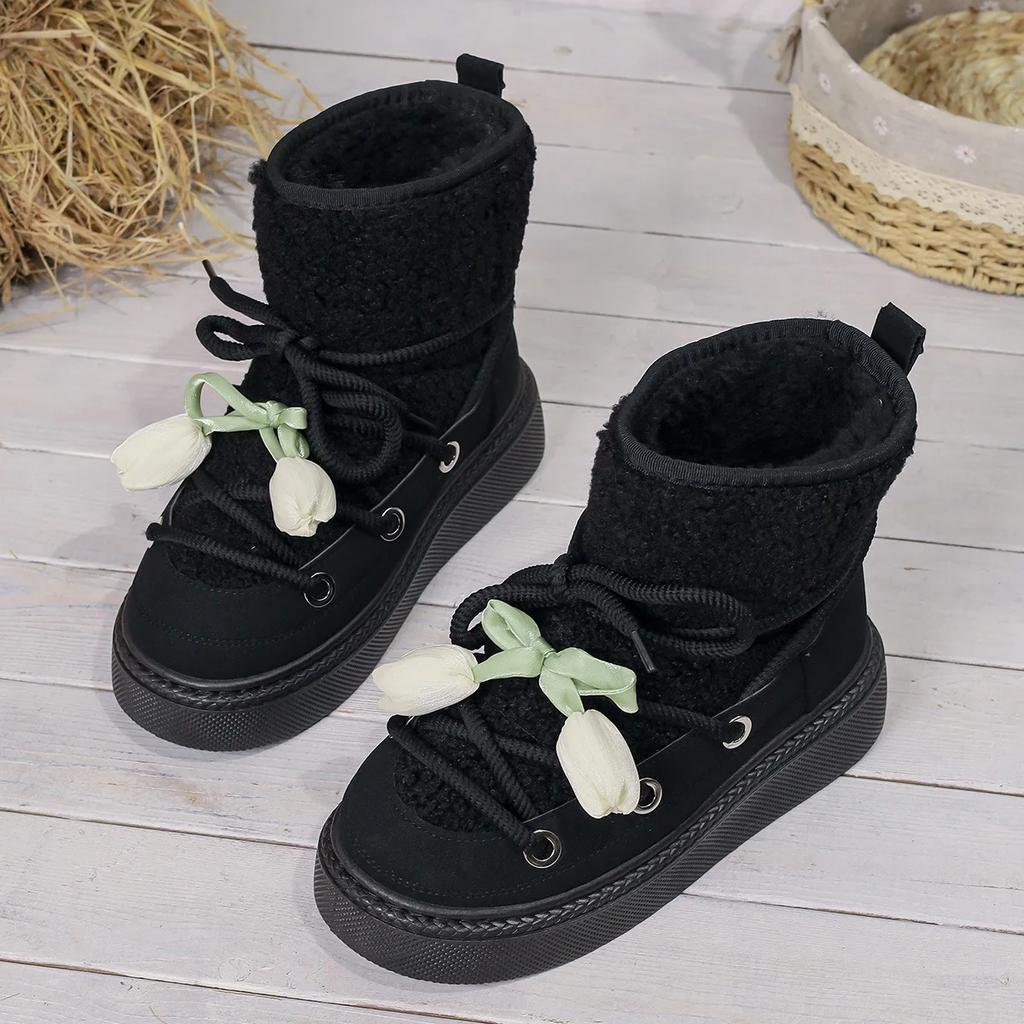 Fashion Winter Snow Boots Women's Warm Padded Fluffy Cotton Booties Ankle High Cross Strap Leisure Platform Non-slip Women's Boots