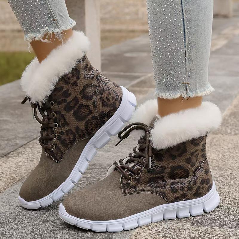 Winter Leopard Print Cotton Padded Shoes Women Anti Slip Lace Up Warm Fur Snow Boots Woman Plus Size 43 Fluffy Ankle Boots