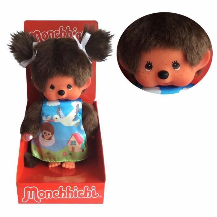 Poupée Monchhichi - Kiki - Fille en Robe de Cigogne - Corps souple - 20 cm - À partir de 24 mois