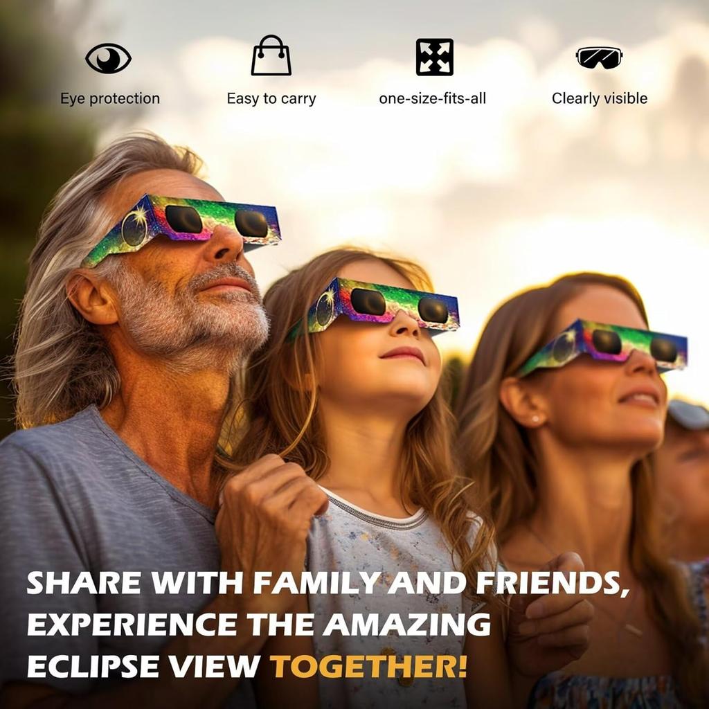 25 Pack Solar Eclipse Glasses 2024, CE & ISO 12312-2 Certified Recognized Paper Eclipse Glasses, Eye Protection Approved for Direct Sun Viewing, Sun