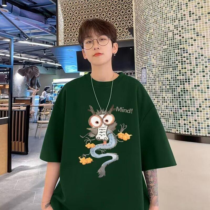 

Мужская модная футболка с круглым вырезом и короткими рукавами с принтом для лета, свободный повседневный топ 5XL темно-зеленого