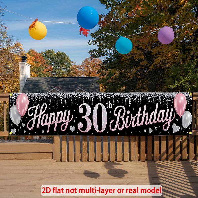 30th Birthday Celebration Backdrop Courtyard Banner, 4 Pre-Drilled Holes with Ropes, Polyester Outdoor Fence Decoration