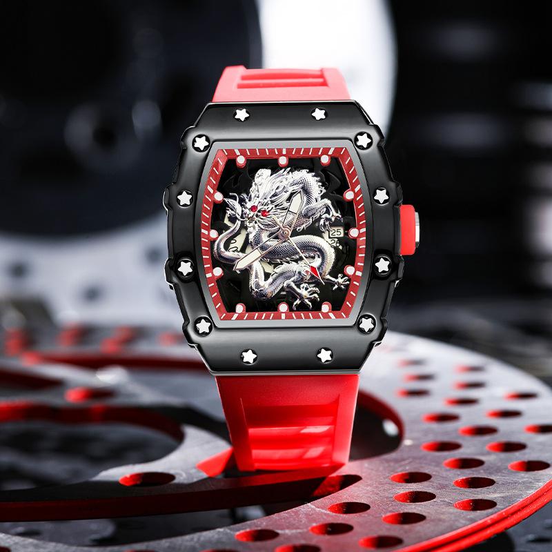Men'S Watch Casual Fashion Sports Automatic Quartz Luminous Waterproof Wine Barrel-Shaped Silver Dragon
