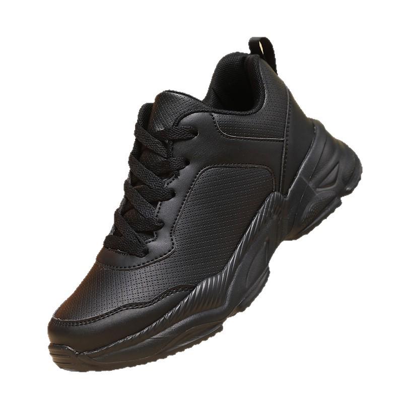 Ganzschwarze Leder-Sportschuhe für Damen: Wasserdichte, dicke Sohle, bequem, rutschfeste KFC Küchenarbeitschuhe für Frühling und Herbst.